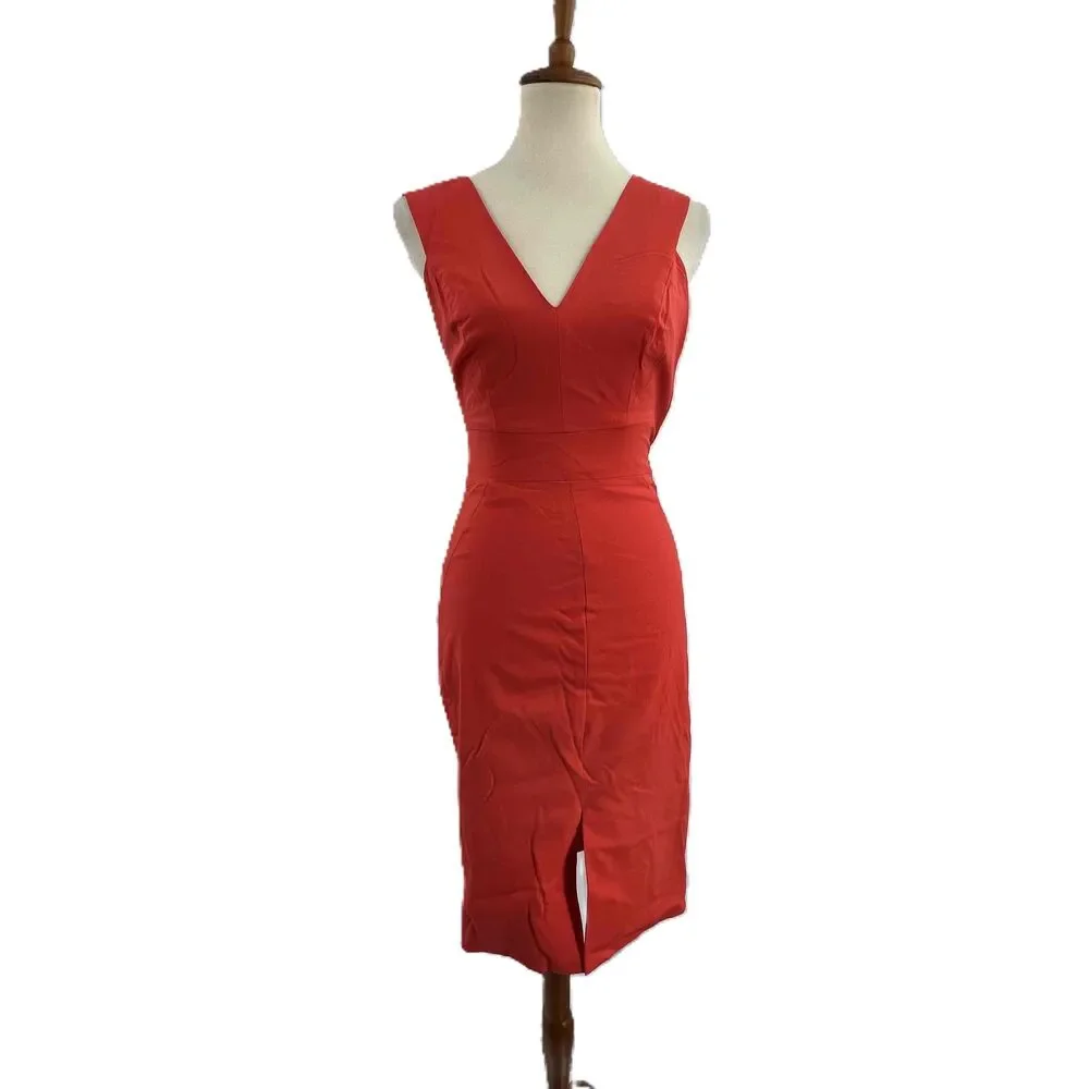 Rachel Roy Red Snap Out Of It Dress Sleeveless V‎ Neck Front Slit Sheath Size 2